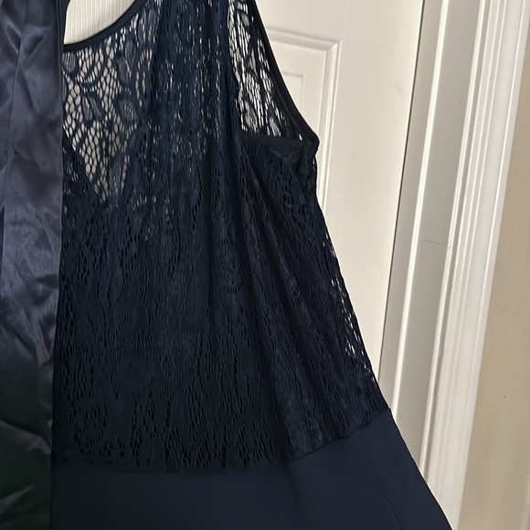 Navy Blue A-Cut sheer waist down Lace overlay waist up Tea Length never worn - Picture 3 of 6